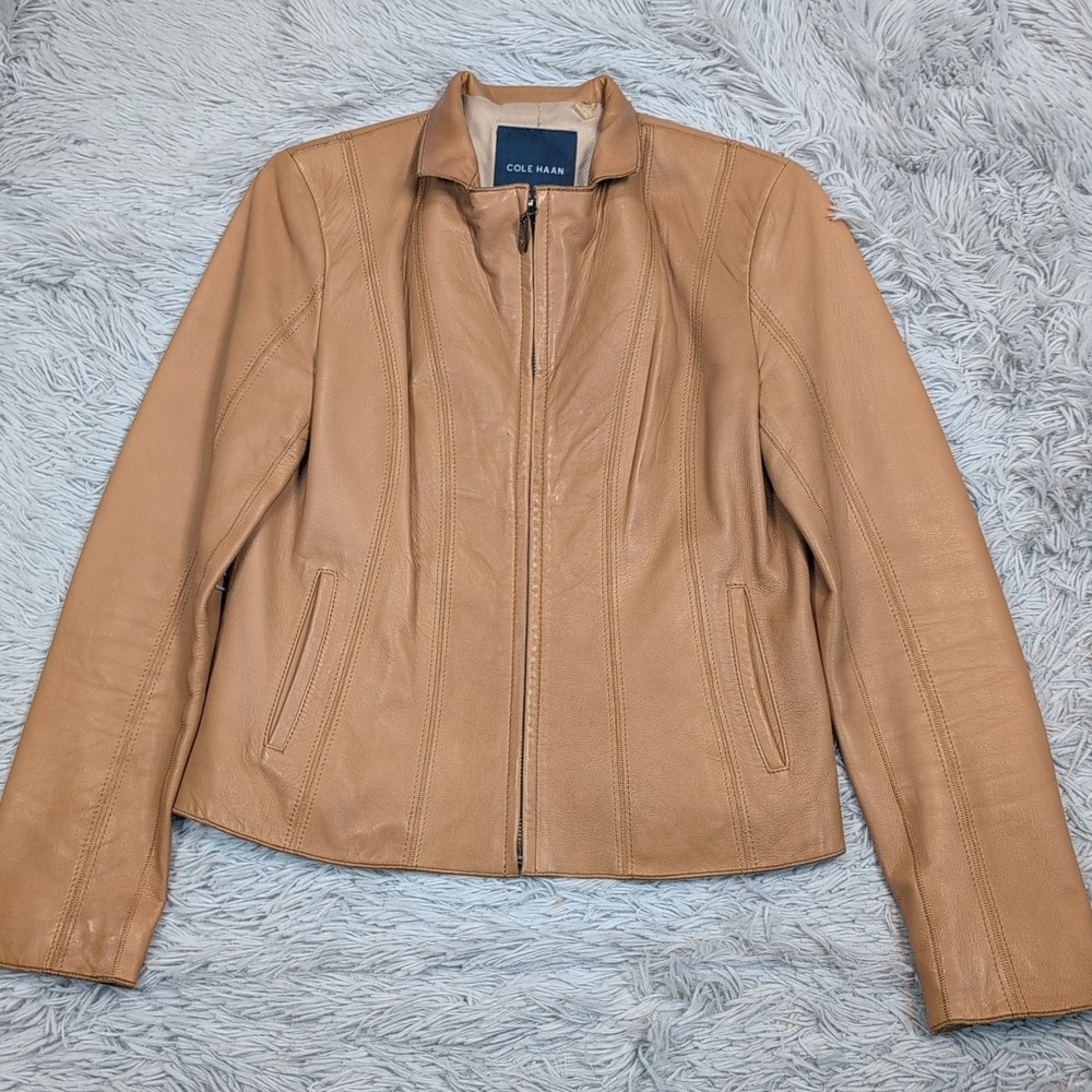Cole Haan Jacket Womens 4 Petite Biege Leather Lambskin Coat Pockets Zip Up